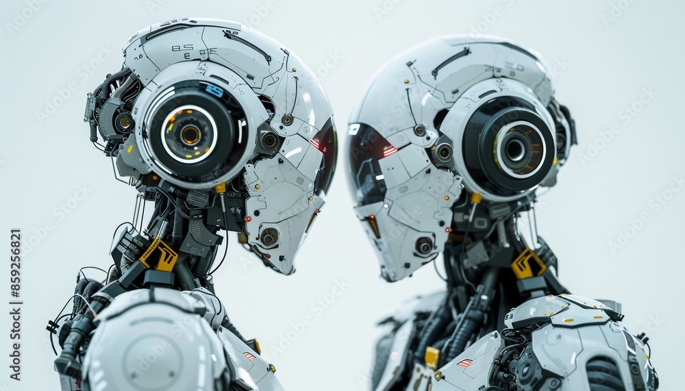 Two Highly Detailed Robots Exhibiting Intense Focused Expressions Two Highly Detailed Robots Exhibiting Intense Focused Expressions