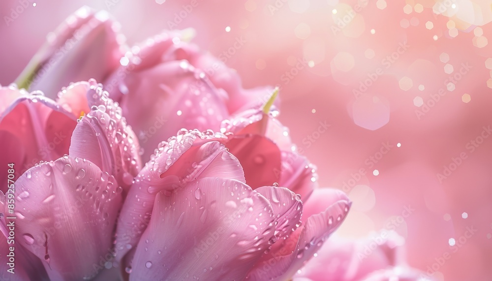Fototapeta premium Pink Tulips Glistening with Dew on Soft Blush Background, Elegant and Delicate