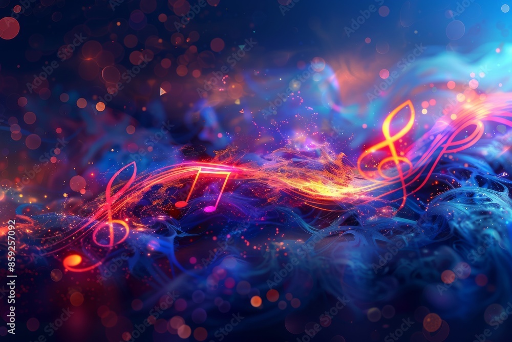 Vibrant Music Notes Glowing on a Blue and Orange Background Vibrant Music Notes Glowing on a Blue and Orange Background