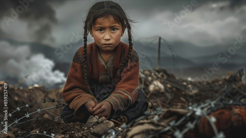 A little girl in dirty sits on top of the battlefield, surrounded by barbed wire and smoke from distant explosions. She has an angry expression as she looks at the camera. © Ula