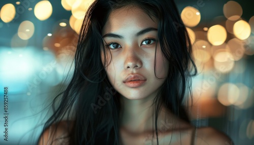 Asian Woman with Long Hair Indoors, Blurred Lights in Background, Calm Expression