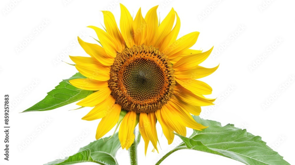 Obraz premium Single sunflower with detailed petals and a white background, highlighting its natural beauty.