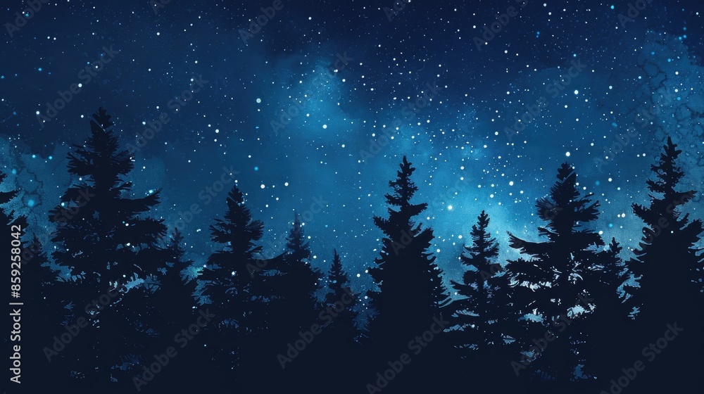 Fototapeta premium Silhouette of pine trees against a starry night sky, creating a magical ambiance for text incorporation.