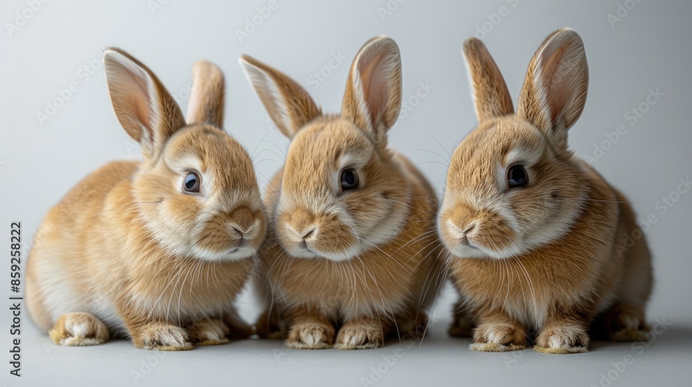 Fototapeta premium Three brown bunnies sitting in a row on a gray background
