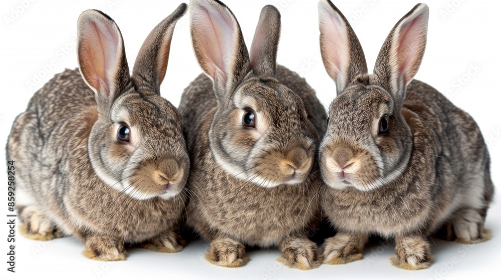 Fototapeta premium Three brown rabbits sit side-by-side, looking directly at the camera