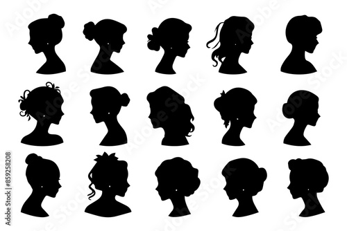 Collection of women side face Silhouettes isolated on white background