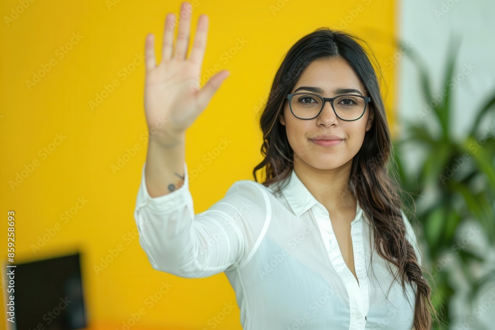 frustrated latin american woman rejecting job offer with stop hand gesture business concept photo frustrated latin american woman rejecting job offer with stop hand gesture business concept photo
