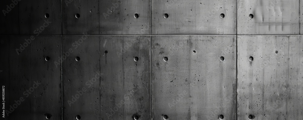 Concrete wall with diagonal lighting and visible formwork holes, industrial background. Minimalist architecture and construction concept Concrete wall with diagonal lighting and visible formwork holes, industrial background. Minimalist architecture and construction concept