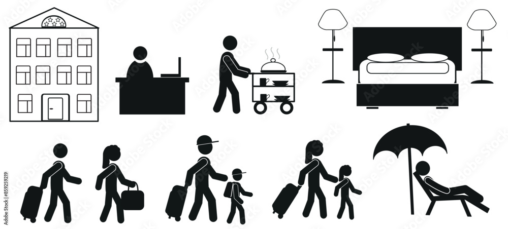 Set of icons for tourists and travel, tourism icon, sea vacation, flat illustration, people, business, pictogram Set of icons for tourists and travel, tourism icon, sea vacation, flat illustration, people, business, pictogram