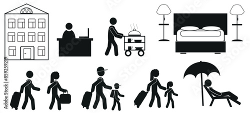 Set of icons for tourists and travel, tourism icon, sea vacation, flat illustration, people, business, pictogram