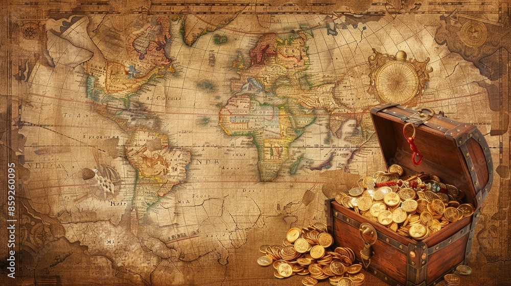 Pirate Treasure Chest On An Old Map Background Filled With Gold And pirate-treasure-chest-on-an-old-map-background-filled-with-gold-and