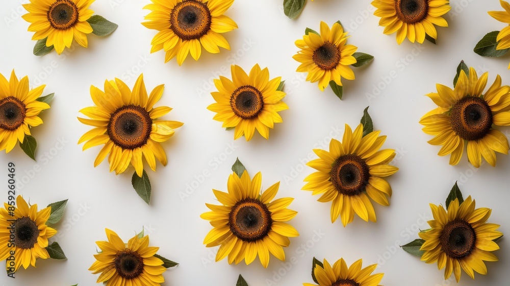 Obraz premium Multiple sunflowers arranged on a white background, creating a sunny and uplifting scene.
