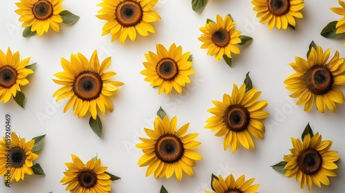 Multiple sunflowers arranged on a white background, creating a sunny and uplifting scene.