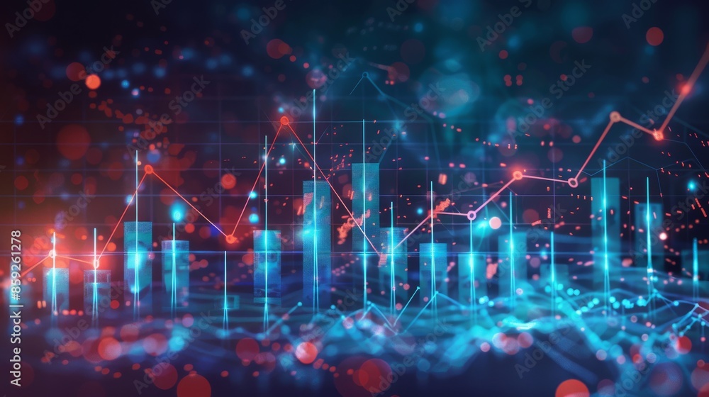 Fototapeta premium Abstract Data Visualization with Blue and Red Graphs and Bokeh