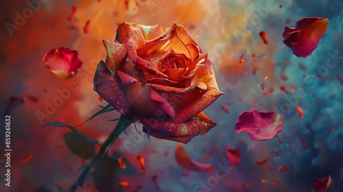 A closeup of a wilted rose with petals falling, set against a backdrop of vibrant, contrasting colors symbolizing the passage of time, photorealistic, high detail, rich tones,