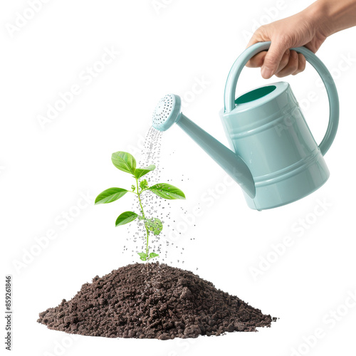 Hand watering young plant with blue watering can symbolizing growth and environmental care clipart on transparent background
