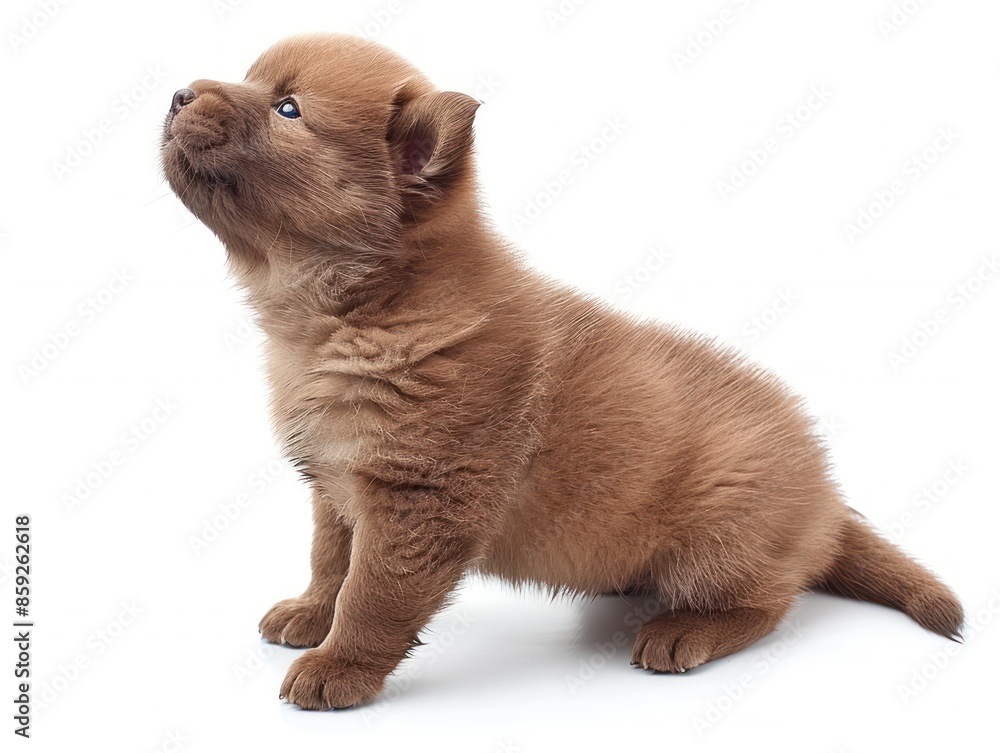 A brown puppy sits on a white background, looking up with curiosity A brown puppy sits on a white background, looking up with curiosity