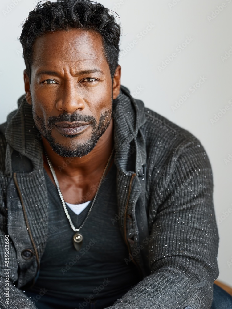 A close-up portrait of a man in a gray knit sweater looking directly at the camera A close-up portrait of a man in a gray knit sweater looking directly at the camera
