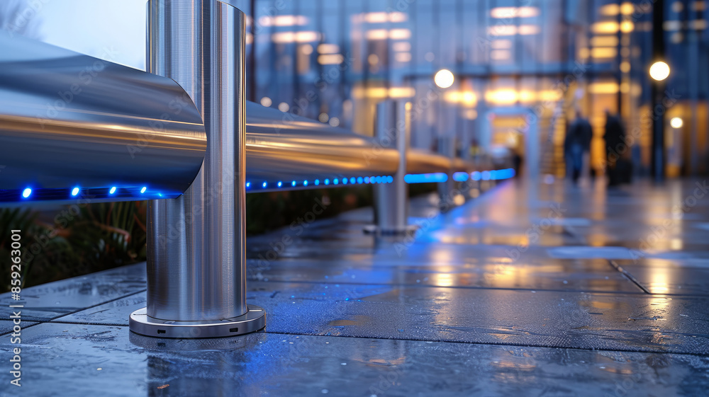 Obraz premium Modern urban building exterior with stainless steel pillars and blue lights