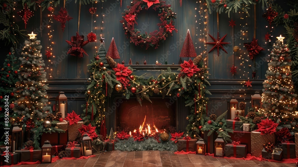 Fototapeta premium Backdrop design, fancy Christmas stage, a dark wall with a big dark fireplace on its front, there are vintage red lanterns, lots of grass garlands, red ribbons, bokeh lights. Generative AI.