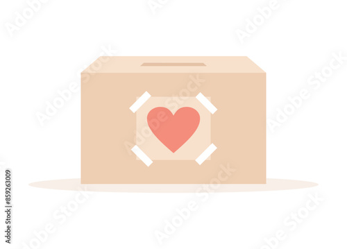 Donation box with heart sticker on it, isolated on white background. Flat vector illustration