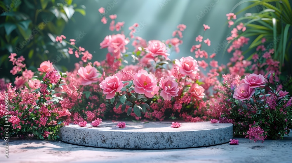 A concrete pedestal adorned with blooming pink roses and green foliage, lit by natural sunlight, creating a serene and vibrant outdoor garden display scene. A concrete pedestal adorned with blooming pink roses and green foliage, lit by natural sunlight, creating a serene and vibrant outdoor garden display scene.