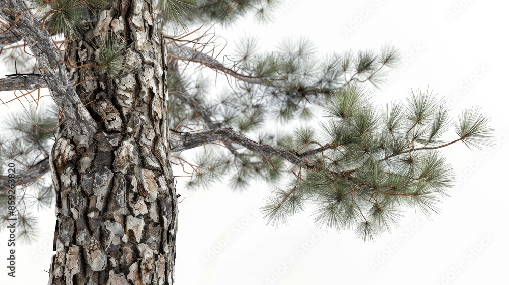 Fototapeta premium Large pine tree with detailed needles and textured bark, standing out against a white background.