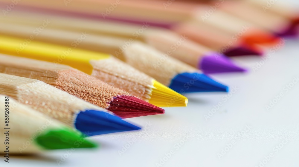 Color vibrant pencils on white surface Educational and academic idea Close view Text area available Color vibrant pencils on white surface Educational and academic idea Close view Text area available