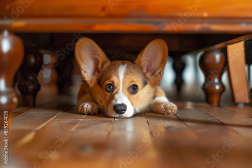 a dog laying on the floor under a table © Nam