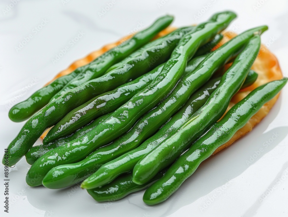 Green beans arranged on a cracker, ready to be enjoyed Green beans arranged on a cracker, ready to be enjoyed
