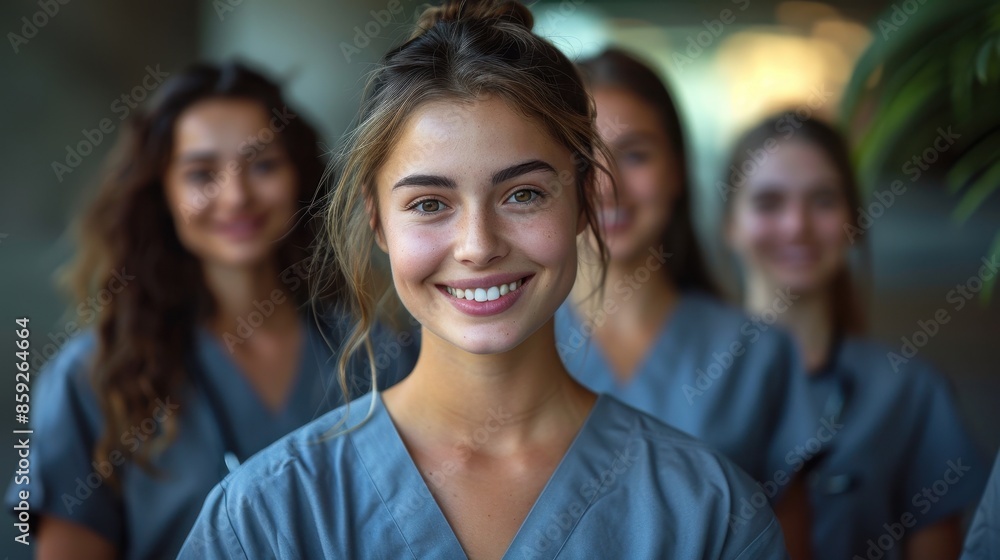 A group of young nurses pose together, smiling in a hospital environment, showcasing teamwork, dedication, and professionalism in a well-lit and positive atmosphere. A group of young nurses pose together, smiling in a hospital environment, showcasing teamwork, dedication, and professionalism in a well-lit and positive atmosphere.