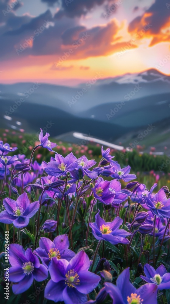 Obraz premium Violet wildflowers in a mountain landscape during sunset, nature beauty and tranquility concept