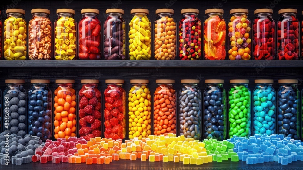 Jars filled with colorful candies, arranged in a rainbow pattern Jars filled with colorful candies, arranged in a rainbow pattern