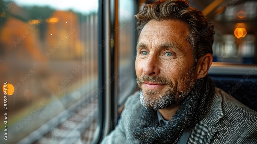 A bearded man wearing a grey scarf looks out of a train window with a reflective expression, the scene outside blurred, capturing a moment of personal reflection during travel. A bearded man wearing a grey scarf looks out of a train window with a reflective expression, the scene outside blurred, capturing a moment of personal reflection during travel.