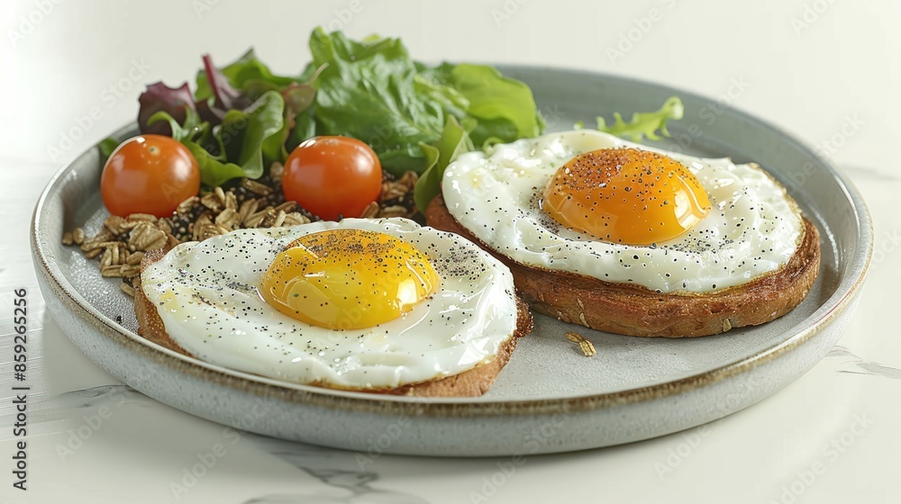 A plate of two perfectly cooked sunny-side up eggs on toasted bread with a side salad A plate of two perfectly cooked sunny-side up eggs on toasted bread with a side salad