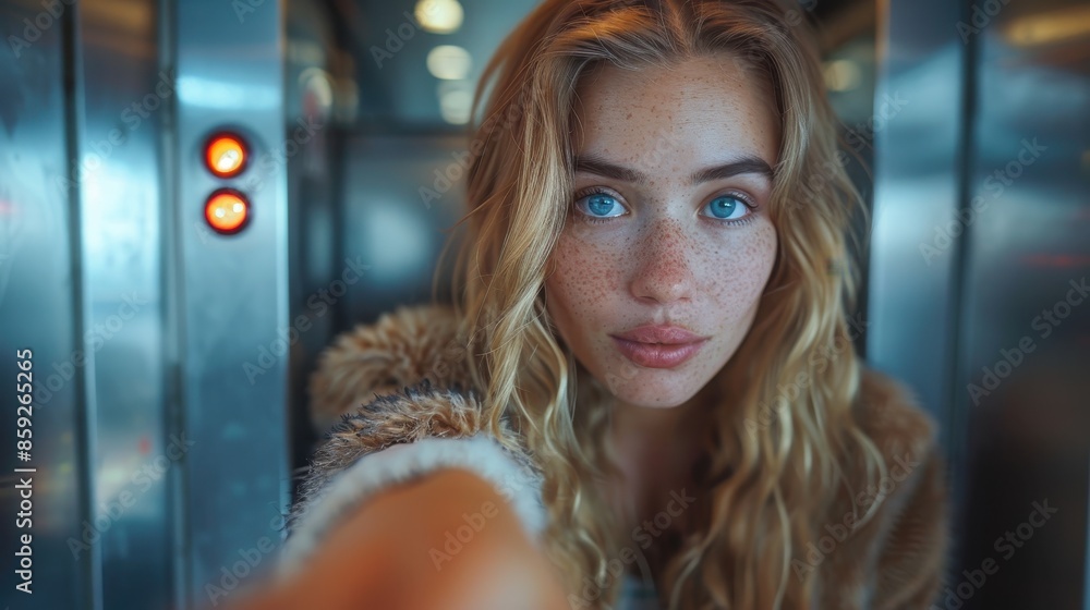 A close-up photo showing a young woman with blonde hair, freckles, and blue eyes taking a selfie inside an elevator with soft focused background and warm lighting. A close-up photo showing a young woman with blonde hair, freckles, and blue eyes taking a selfie inside an elevator with soft focused background and warm lighting.