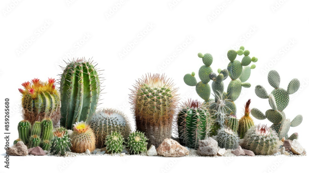 Group of cacti with different textures and heights, beautifully displayed on a white background. Group of cacti with different textures and heights, beautifully displayed on a white background.