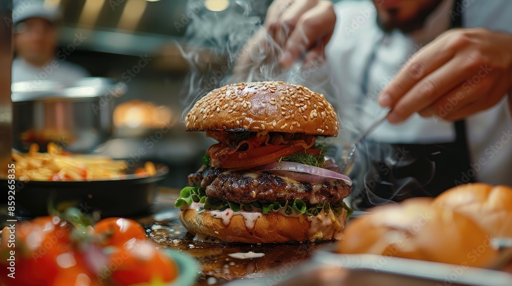 A professional chef making burger with fresh ingredient. Generative AI. A professional chef making burger with fresh ingredient. Generative AI.