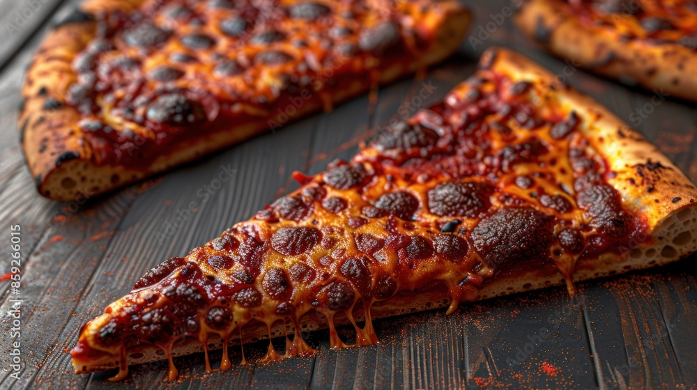 A close-up shot of a pepperoni pizza slice with melted cheese and a flavorful sauce A close-up shot of a pepperoni pizza slice with melted cheese and a flavorful sauce