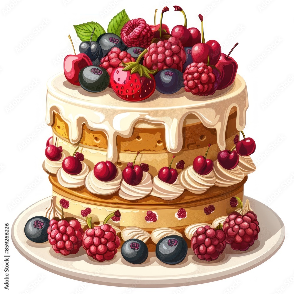 A delicious cake with multiple layers, topped with fresh berries A delicious cake with multiple layers, topped with fresh berries