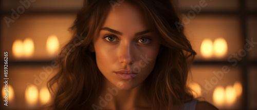 Brunette girl with dark eyes, close-up, with a soft expression on her face against the background of burning candles