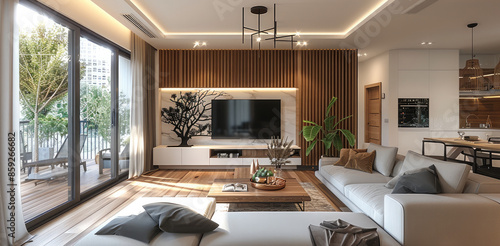 An interior design, a modern living room with a tall wood slat wall panel behind the sofa and tv unit, a dining table in front of it, white walls, warm lighting, wooden flooring. Generative AI.