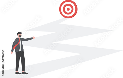Businessman holding a flag looking at the flag farther from the top of the arrow

