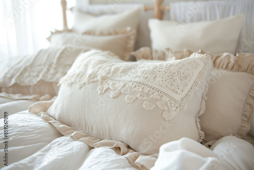 Soft Ruffled Pillows on Bed with Sunlight
