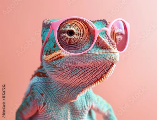 Obraz Colorful friendly adorable chameleon lizard, stylish pink and light blue colors with glasses posing on matching background, trendy and vibrant fashion accessory concept for beauty and art enthusiasts