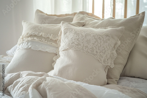 White Lace Pillows on Cozy Bed with Natural Light
