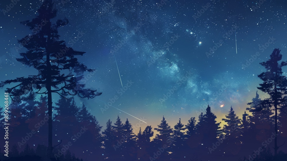 Naklejka premium Night sky over forest with starry sky and shooting stars, celestial spectacle and natural beauty concept