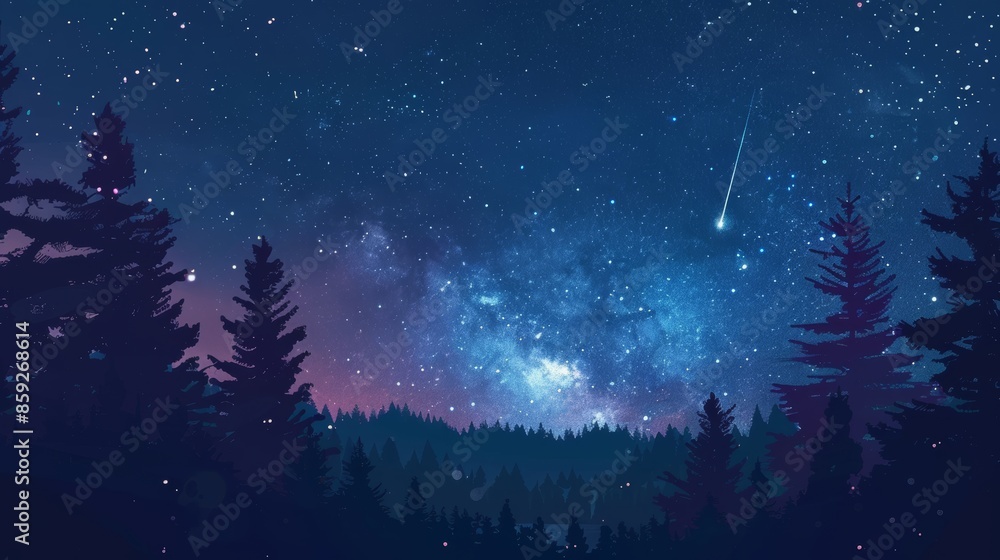 Fototapeta premium Starry night sky with shooting star over forest, cosmic and nature's beauty concept
