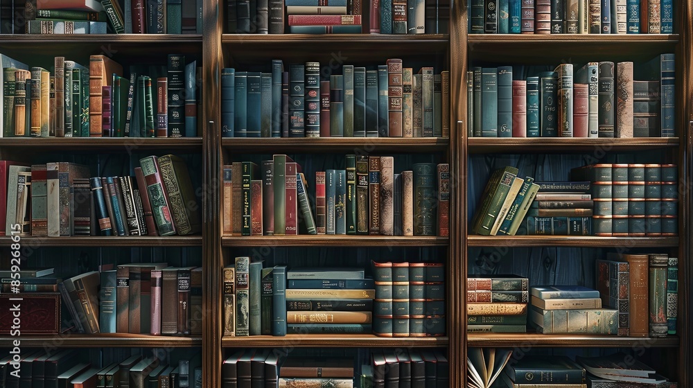 Bookshelf filled with diverse books in library or home study, neatly organized in rows and columns Bookshelf filled with diverse books in library or home study, neatly organized in rows and columns