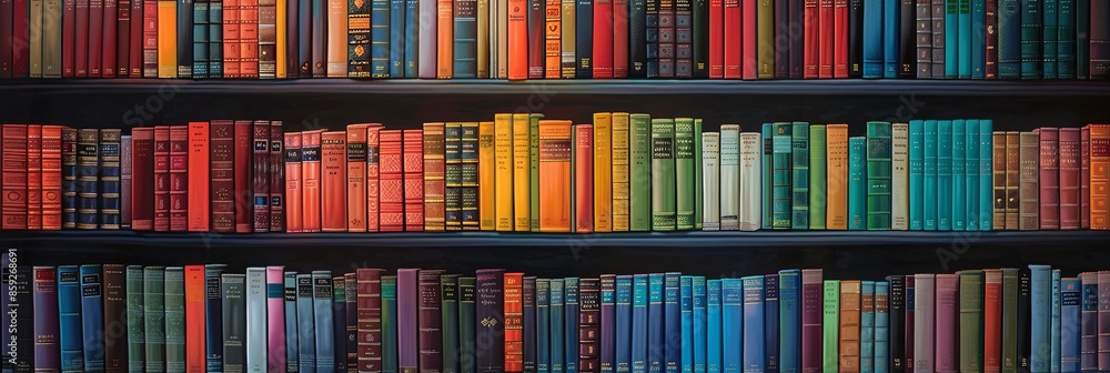 Three shelves overflowing with books, capturing vibrant colors and intricate details of the spines Three shelves overflowing with books, capturing vibrant colors and intricate details of the spines